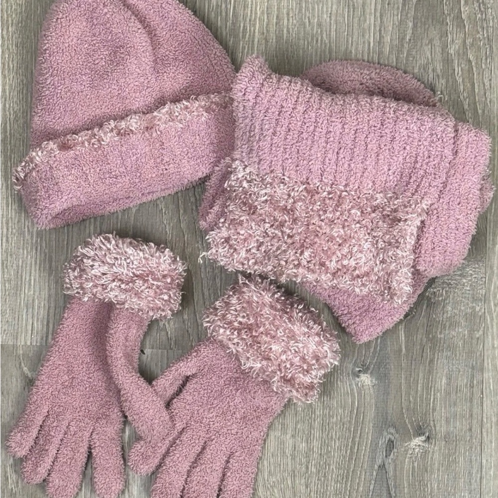 Beanie‎ Scarf Gloves Set Pink Cozy Hat Knit Cap Warm Plush Cottage Coastal Chic
